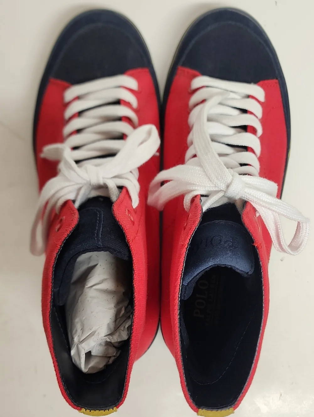 Polo by Ralph Lauren Red Solomon Sz 10.5 High-Top Sneakers with Navy Yellow Trim